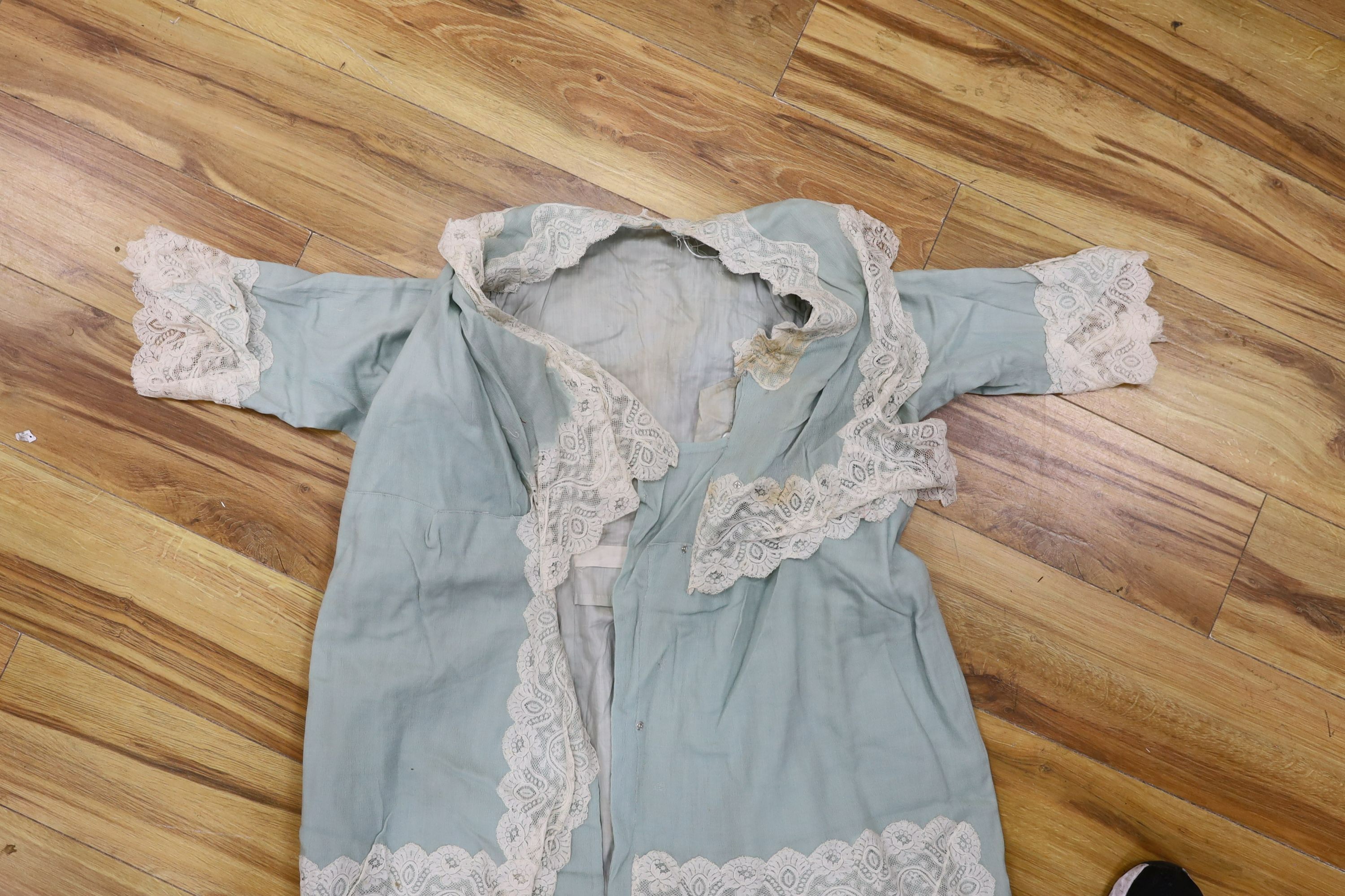 An Edwardian turquoise crepe and cream lace summer coat with original Swan & Edgar Ltd label